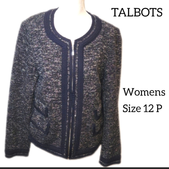 TALBOTS WOMENS KNIT FABRIC BLAZER, SUIT JACKET SIZE 12P. Navy Blue and white - Picture 1 of 12